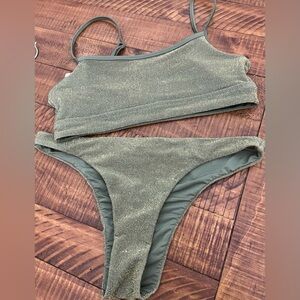 NWT Aerie FULL SET Sparkle Straight Scoop Bikini Top + Cheeky Bottom in Olive